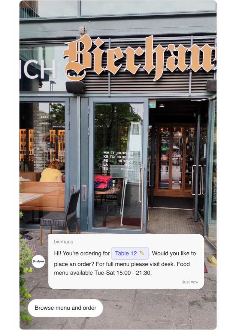 Bierhaus’s live table ordering — the QR code fills in the table, guests order and pay from their seat.