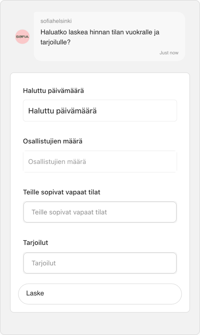 Sofia’s live price calculator — pick a date, group size, room and catering, get the total in chat.